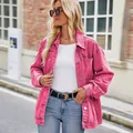 Stylish magenta washed denim jacket with metal buttons for a trendy casual look - S / Tops / Pink