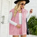 Detailed look at a stylish pink denim vest and matching frayed shorts worn by a model - S / Top (MF11118) / Pink