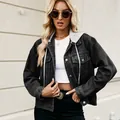 Close-up of a women's washed black cropped denim jacket with a grey hood. - S / Tops / Black Gray With Hood