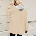 Back view of a women's oversized beige denim jacket with a grey contrast hood. - S / Tops / Detachable Hooded / Light Khaki