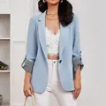 Blazer azzurro sfiancato con maniche a 3/4 in patchwork e classico collo a rever - Taglia S / Top / Celeste