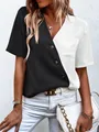 Trendy black and white color-block short sleeve V-neck button cardigan shirt for women - S / Tops / Black