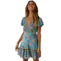 Boho-Sommerkleid mit Blumendruck und V-Ausschnitt in Hellblau mit eleganten Flatterärmeln - Grün
