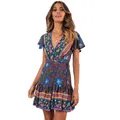Elegantes blaues Boho-Minikleid mit Blumenmuster, V-Ausschnitt und Flatterärmeln - Schwarz Blau