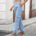 Light blue washed denim cargo pants for women with high waist and side pockets - S / Bottoms / Denim Blue