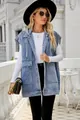 Close-up detail of a sleeveless light blue denim vest with hood and large flap pockets - S / Top (MF11118) / New Hooded Blue