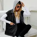 Close-up detail of a women's trendy black washed denim vest with attached grey hood - S / Top (MF11118) / Dark Gray with Hood