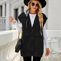 Detailed view of women's black hooded denim vest in a chic outdoor street setting - XS / Top (MF11118) / New Hooded Black