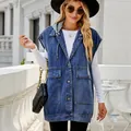 Stylish women's blue hooded denim vest featuring large pockets and button-down front - XS / Top (MF11118) / Dark Blue