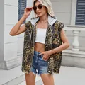 Trendy women's leopard print hooded denim vest sleeveless jacket for summer streetwear - XS / Top (MF11118) / Yellow Leopard