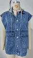 Women's blue acid wash hooded denim vest with large pockets - XS / Top (MF11118) / Blue Leopard Print
