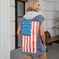 Women's denim vest with grey hood featuring a bold American flag print on the back. - XS / Top (MF11118) / Blue Floral
