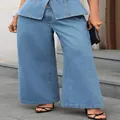 Elegant light blue washed denim two-piece set with sleeveless top and wide-leg pants. - S / Bottoms / Light Blue