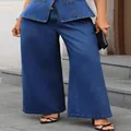 Elegant washed blue denim sleeveless peplum top and wide-leg pants suit for women - S / Bottoms / Dark Blue