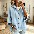 Hellblaue Strickjacke mit Kapuze, Knöpfen und Kordelzug für Damen, Herbstmode - S / Oberteile / Hellblau