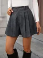 Stylish women's grey high-waisted pleated wide-leg shorts in soft suede-like fabric - S / Bottoms / Dark Gray