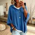 Women's elegant blue knitted hooded drawstring sweater poncho for cozy lifestyle wear - Blue