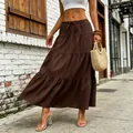Summer brown tiered maxi skirt with drawstring elastic waist and textured fabric - S / Bottoms / Dark Brown