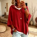 Casual loose red knitted hooded drawstring sweater poncho for women stylish outwear - Red