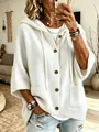 Eleganter weißer Strick-Cardigan mit Kapuze, braunen Knöpfen und verstellbarem Kordelzug - S / Oberteile / Weiß