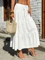 Elegant white tiered maxi skirt with drawstring elastic waist and crinkle texture. - S / Bottoms / White