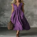 Elegant sleeveless V-neck maxi tiered dress in solid purple color for summer wear - S / Dresses / Dark Red