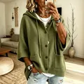 Gemütlicher olivgrüner Kapuzenstrickcardigan mit Knöpfen und Kordelzug für Damen im Herbst - Armeegrün