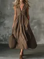 Elegant sleeveless V-neck maxi dress in deep coffee brown color with textured fabric - S / Dresses / Dark Brown