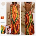Vestido largo bohemio de cuello halter con estampado tie-dye y espalda descubierta - S / Vestidos / Amarillo