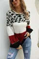 Casual women's patchwork leopard print crew neck knit sweater displayed on a model - S / Tops / Purple