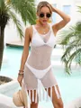 Vista dettagliata del copricostume da spiaggia in maglia bianca con frange nappe - Taglia S / Vestiti / Bianco
