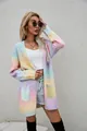 Full view of long-length loose rainbow tie-dye cardigan sweater with side pockets - 3XL / Tops / Pink (Horizontal Pocket Style)