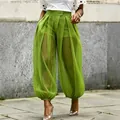 Elegant green high-waisted sheer mesh lantern pants featuring built-in matching shorts - S / Bottom (GY342) / Green