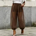 High waisted brown mesh sheer lantern pants with short lining for summer - S / Bottom (GY342) / Dark Brown