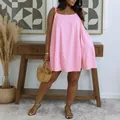 Loose casual pink sleeveless A-line mini doll dress for summer vacation styling - S / Dresses / Pink
