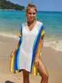 Colorful rainbow crochet knit beach cover-up with a deep V-neck and mesh texture. - One Size / Tops / White