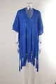 Detailed view of blue hollow-out knit beach cover-up with stylish fringe tassels - Tops / Blue