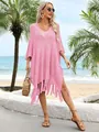Pink oversized knit beach cover-up featuring fringe tassels and hollow design for summer. - Tops / Pink