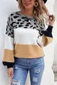 Detail view of a women's crew neck knit sweater with leopard print and color-blocking - S / Tops / Gray