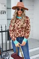 Women's leopard print pullover sweater with turquoise trim and brown felt hat styling - S / Tops / Khaki