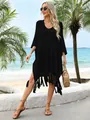 Detail of black hollow-out knit beach cover-up with stylish long tassel fringe - Tops / Black