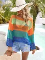 Detailed view of the vibrant rainbow striped hollow-out knit cover-up for beach resorts - S / Tops / Peacock Blue