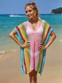 Dettaglio del copricostume da spiaggia all'uncinetto arcobaleno con maglia traforata - Taglia unica / Top / Rosa