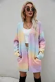 Detailed view of women's rainbow tie-dye long knit cardigan with loose fit and open front - S / Tops / Pink Rainbow