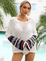 Detailed look at the colorful striped bell sleeves on this white crochet beach cover-up. - S / Tops / White
