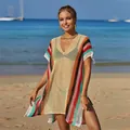 Detailed view of bohemian rainbow crochet knit pattern on a summer holiday beach cover-up - One Size / Tops / Yellow