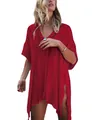Vibrant red crochet bikini cover-up with hollow-out knit pattern for beach resort wear. - One Size / Tops / Red
