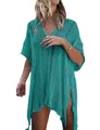 Bohemian turquoise crochet knitted beach cover-up with V-neck and loose silhouette - One Size / Tops / Green