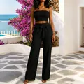 Conjunto negro de dos piezas con top palabra de honor y pantalón ancho de talle alto - S / Top Y Pantalón / Negro