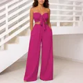 Conjunto de dos piezas magenta con top de tubo con lazo y pantalones de pernera ancha. - S / Top Y Pantalón / Rosa rojo